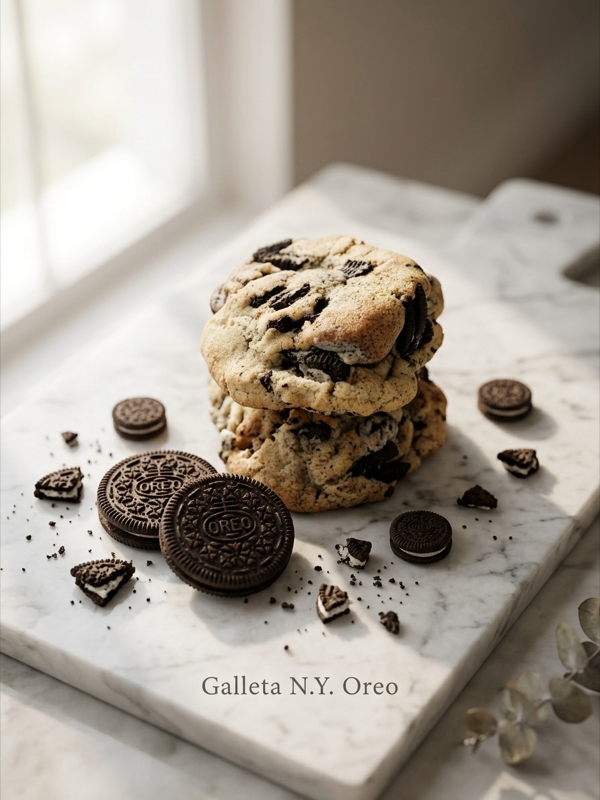 Galleta N.Y. Oreo sobre mármol blanco