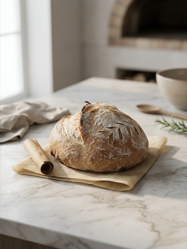 Hogaza natural de masa madre con grenado artesanal sobre tabla de mármol blanco