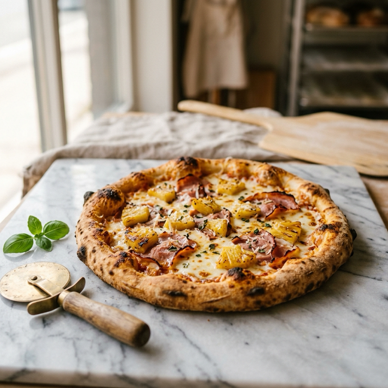 Pizza Base Piña con Jamón y Queso sobre mármol blanco