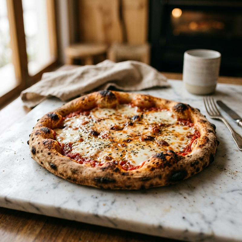 Pizza Base Jitomate de masa madre sobre mármol blanco