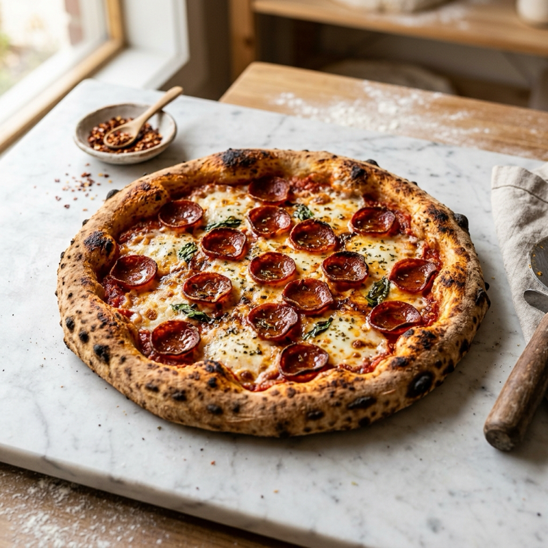 Pizza Base Pepperoni de masa madre sobre mármol blanco