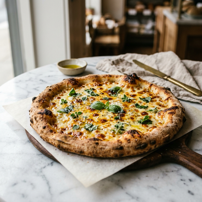 Pizza Base Queso de masa madre sobre mármol blanco