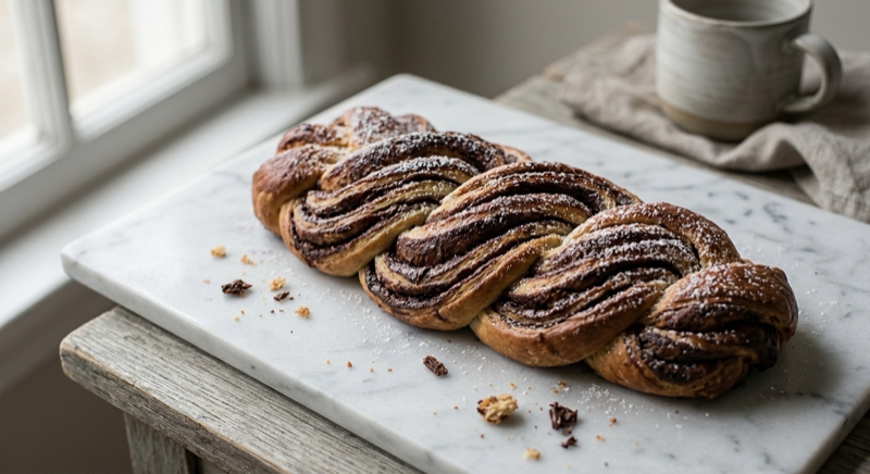 Trenza de Nutella sobre tabla de mármol blanco